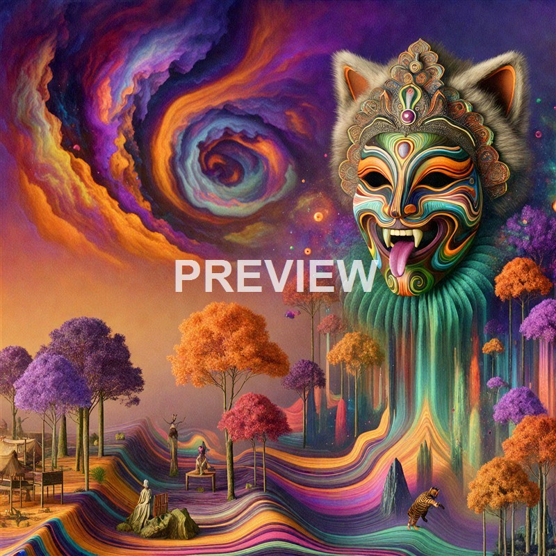 A surreal and colorful landscape featuring a large, ornate mask with feline features and a tongue sticking out, floating amidst a vibrant forest of purple, orange, and pink trees under a swirling, cosmic sky.